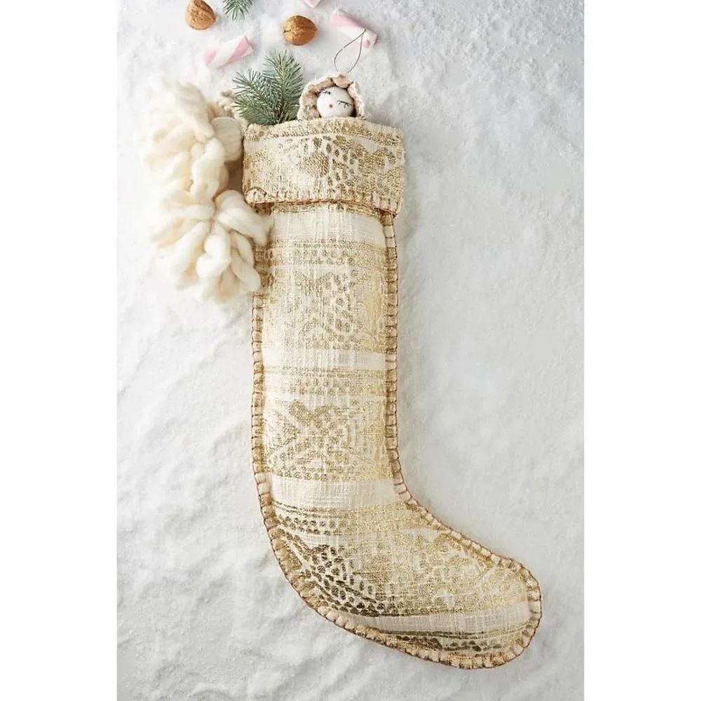 Anthropologie Gold Fair Isle Stocking Pommed Pom Pom Boho NEW